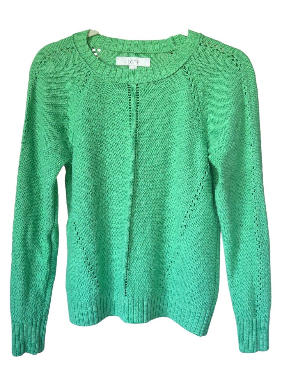 LOFT Pointelle Sweater Kelly Green Crewneck Preppy Knit Cotton Blend Cottagecore